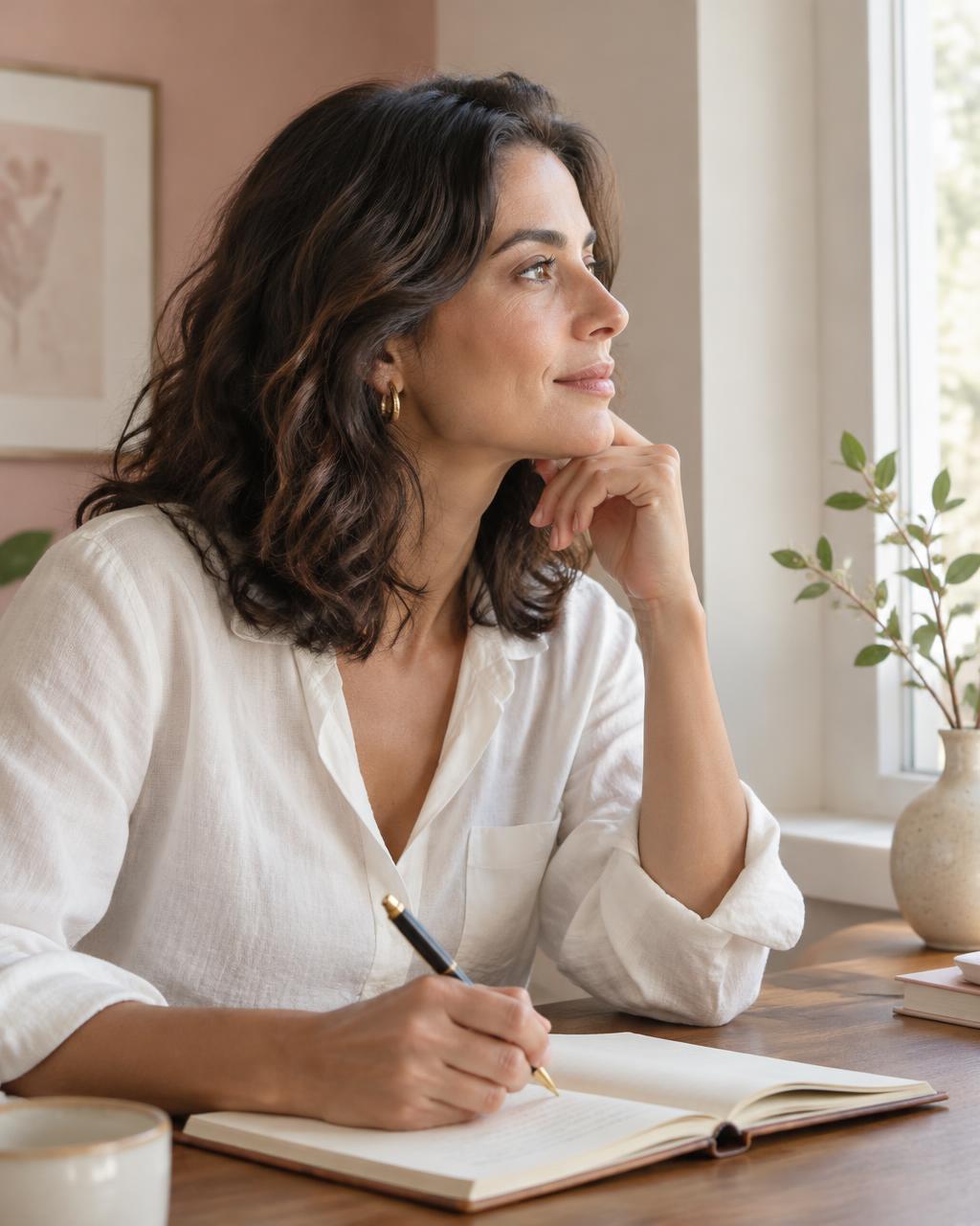 Mulher escrevendo em seu caderno, à luz natural de uma janela